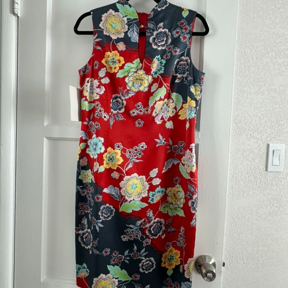 David Meister Silk Chinese Dress Rare To Find Size 8 Qipao Style Red Yellow